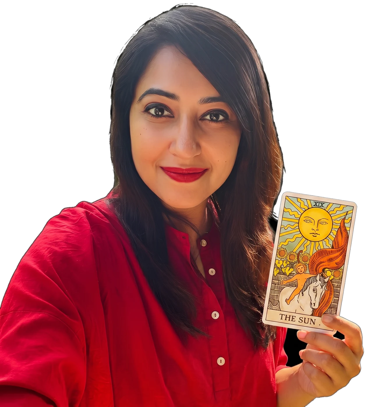 Geetika Khurana holding the Sun tarot card