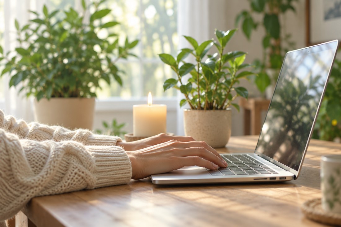 Joining the Spiritual Reflection Room from home — laptop, candle and plants